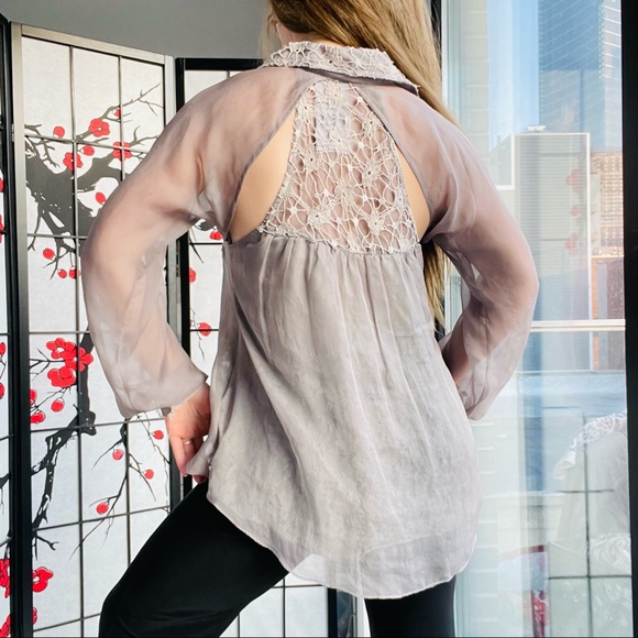Anthropologie RYU: Flare LACE & GRAY Guipure Chiffon Cut Out Blouse Top - Picture 8 of 17
